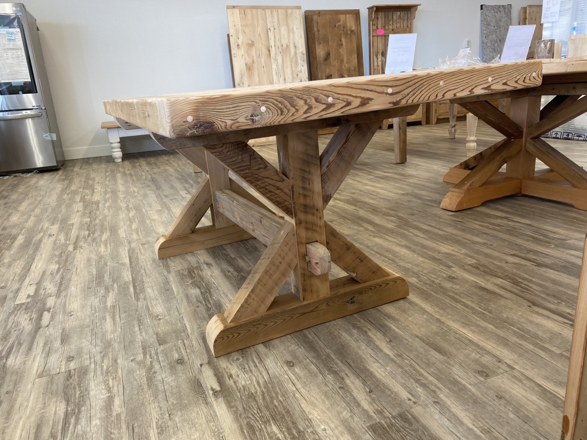 Barn Wood Trestle Dining Table with Reclaimed Wood Base